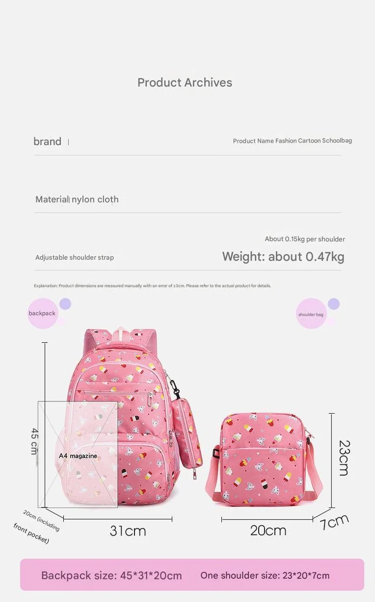 3pcs Ice Cream Pattern Fashionable Backpack With Shoulder Bag And Coin Purse - Image 7
