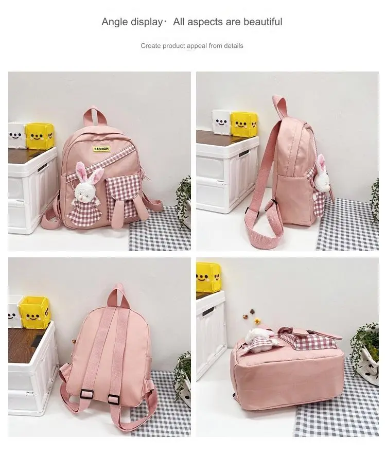 Girls Gingham Rabbit & Letter Patch Decor Functional Backpack 2919 - Image 10