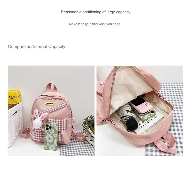 Girls Gingham Rabbit & Letter Patch Decor Functional Backpack 2919 - Image 11