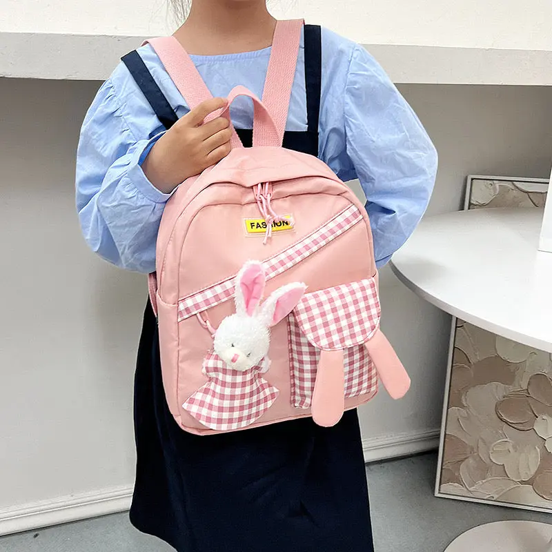 Girls Gingham Rabbit & Letter Patch Decor Functional Backpack 2919 - Image 12