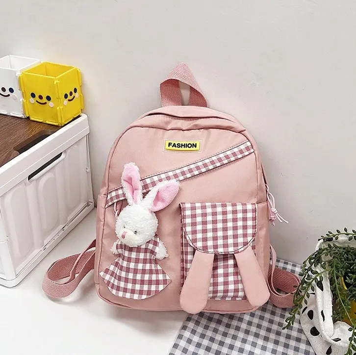 Girls Gingham Rabbit & Letter Patch Decor Functional Backpack 2919 - Image 3