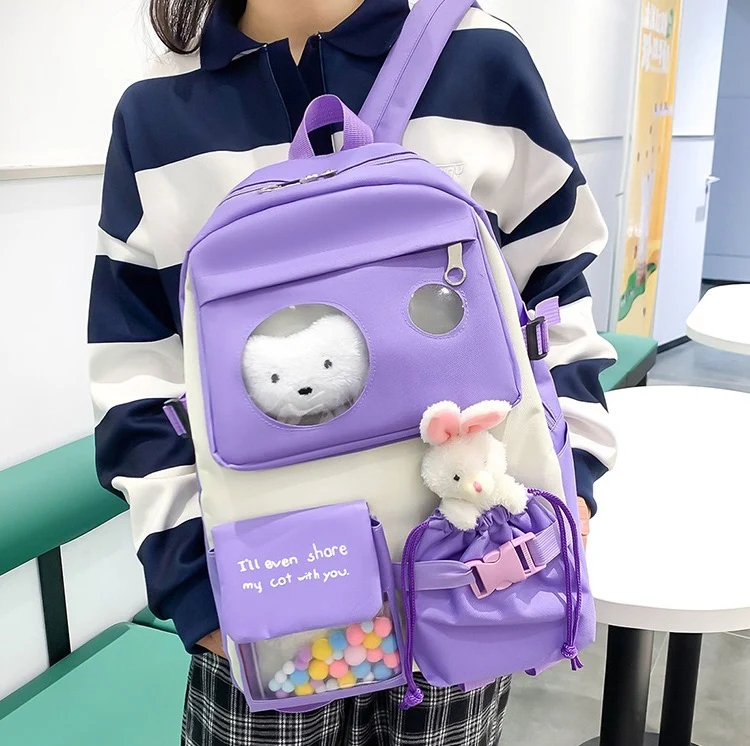 Canvas multiple pocket student college 5pcs Set side bags girls backpack 1225 - Image 3