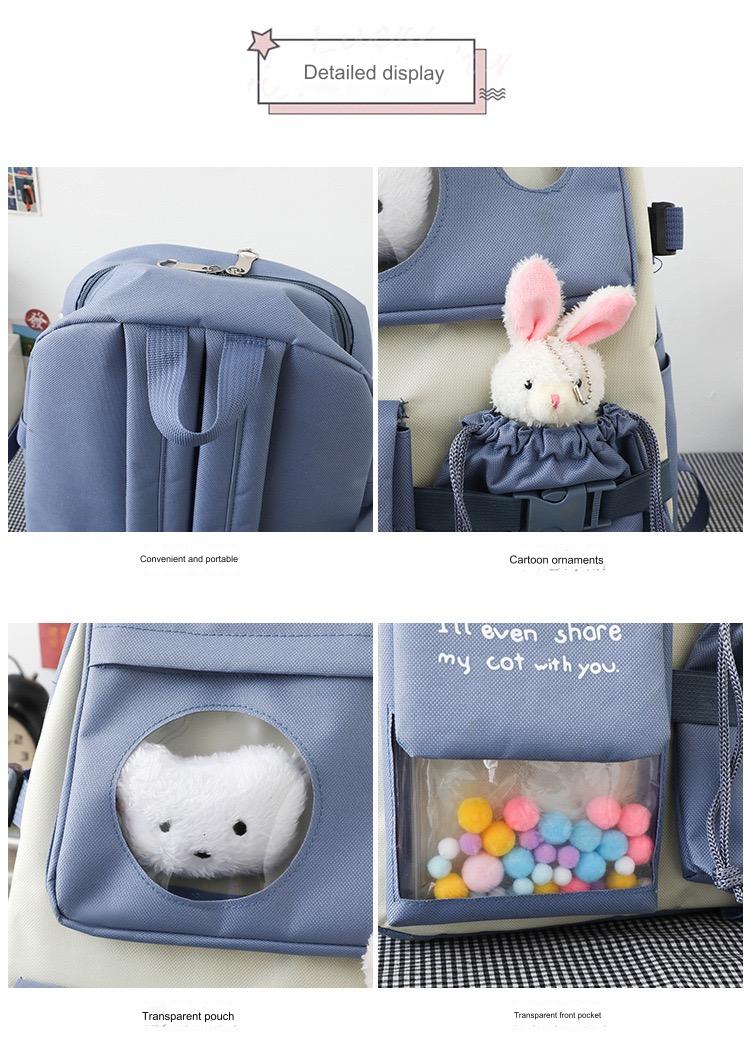 Canvas multiple pocket student college 5pcs Set side bags girls backpack 1225 - Image 9