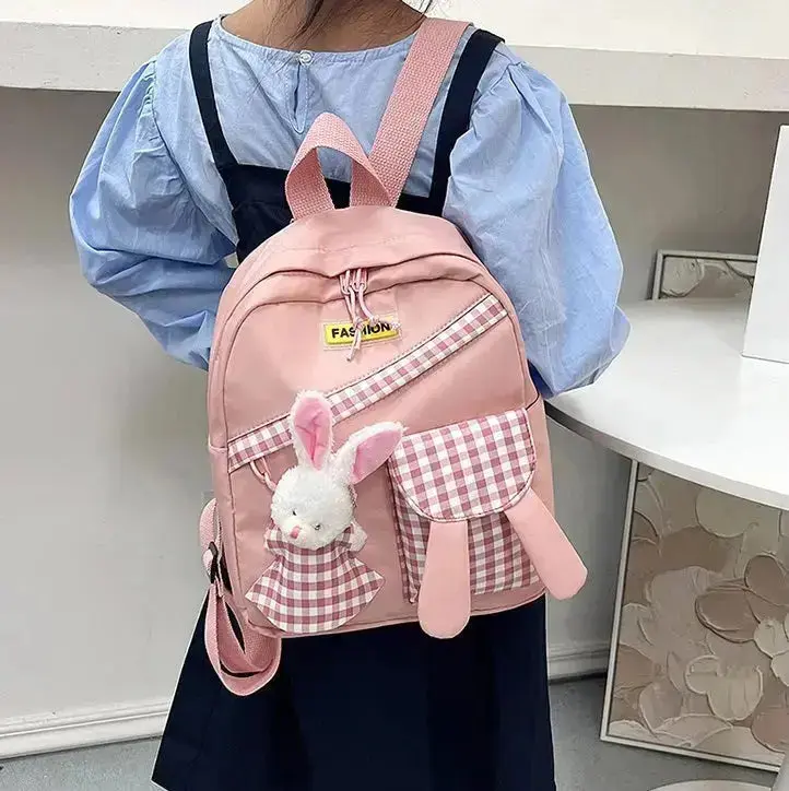 Girls Gingham Rabbit & Letter Patch Decor Functional Backpack 2919 - Image 2