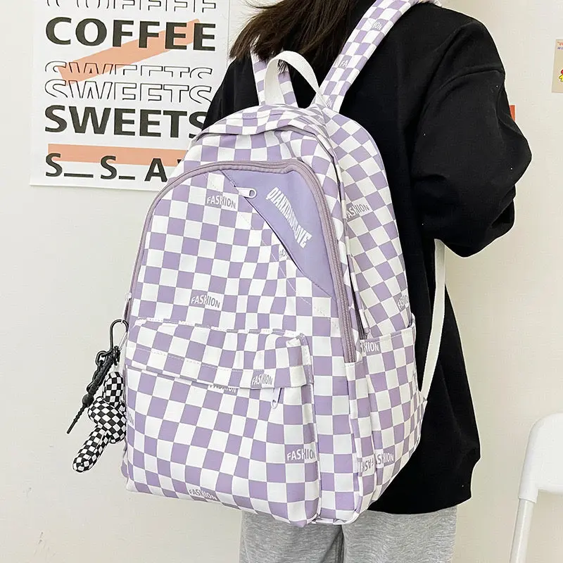 Men Colorblock Plaid Nylon Backpack 1228 - Image 7