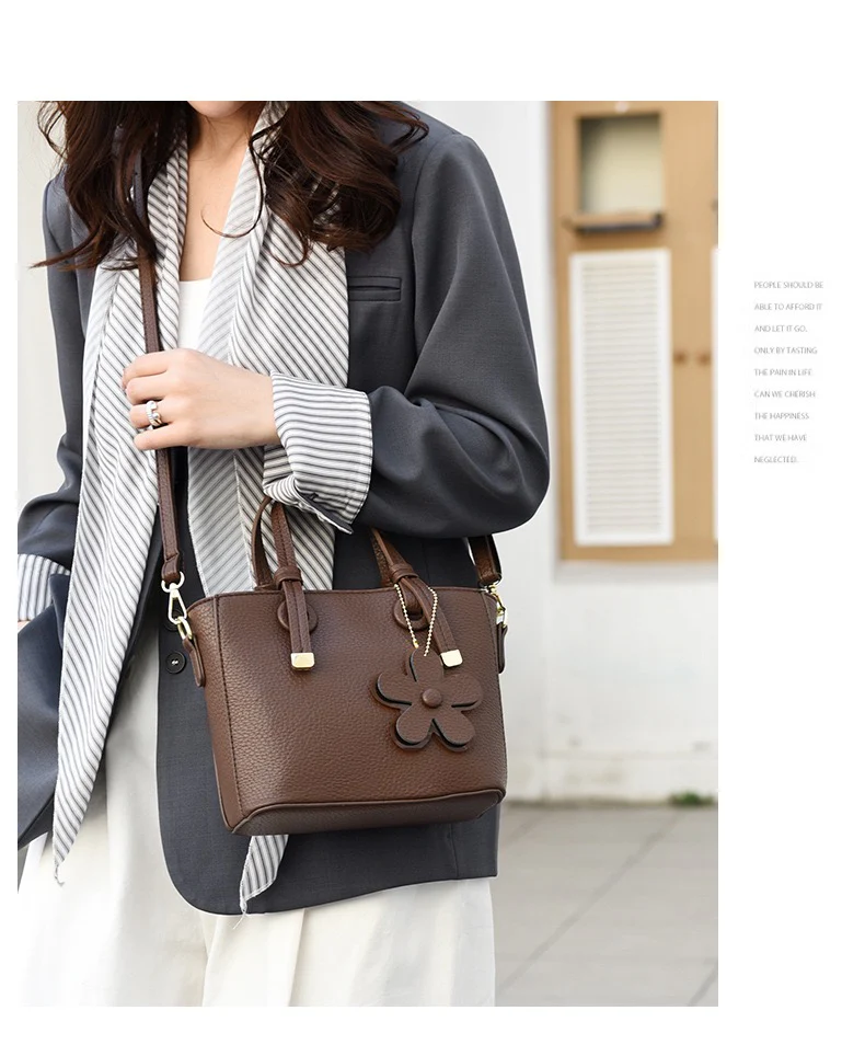 Brown Leather  Handbag with Flower Charm – Stylish Women’s Shoulder & Crossbody Bag 8429 - Image 10