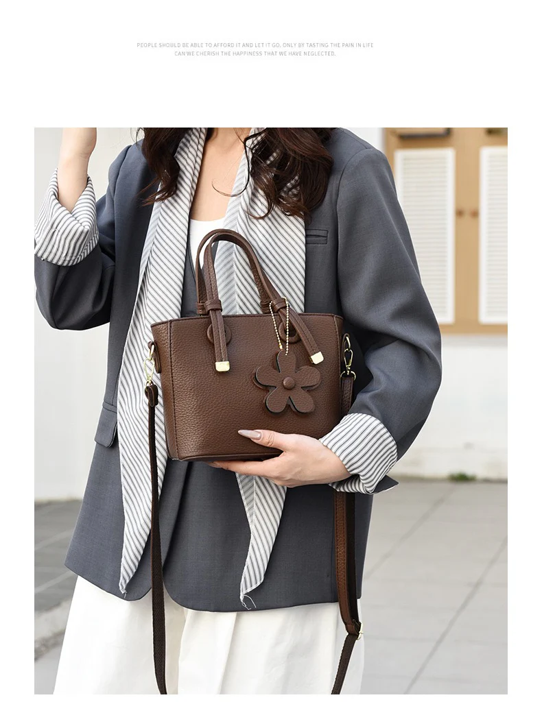 Brown Leather  Handbag with Flower Charm – Stylish Women’s Shoulder & Crossbody Bag 8429 - Image 14