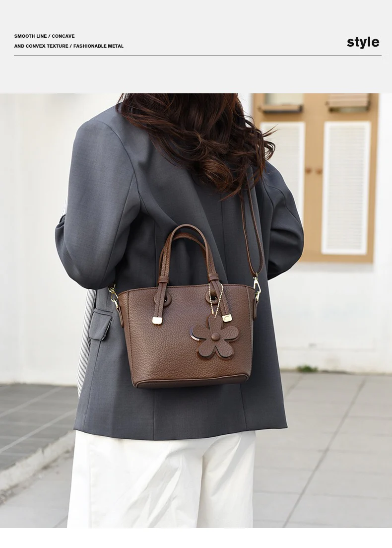 Brown Leather  Handbag with Flower Charm – Stylish Women’s Shoulder & Crossbody Bag 8429 - Image 18