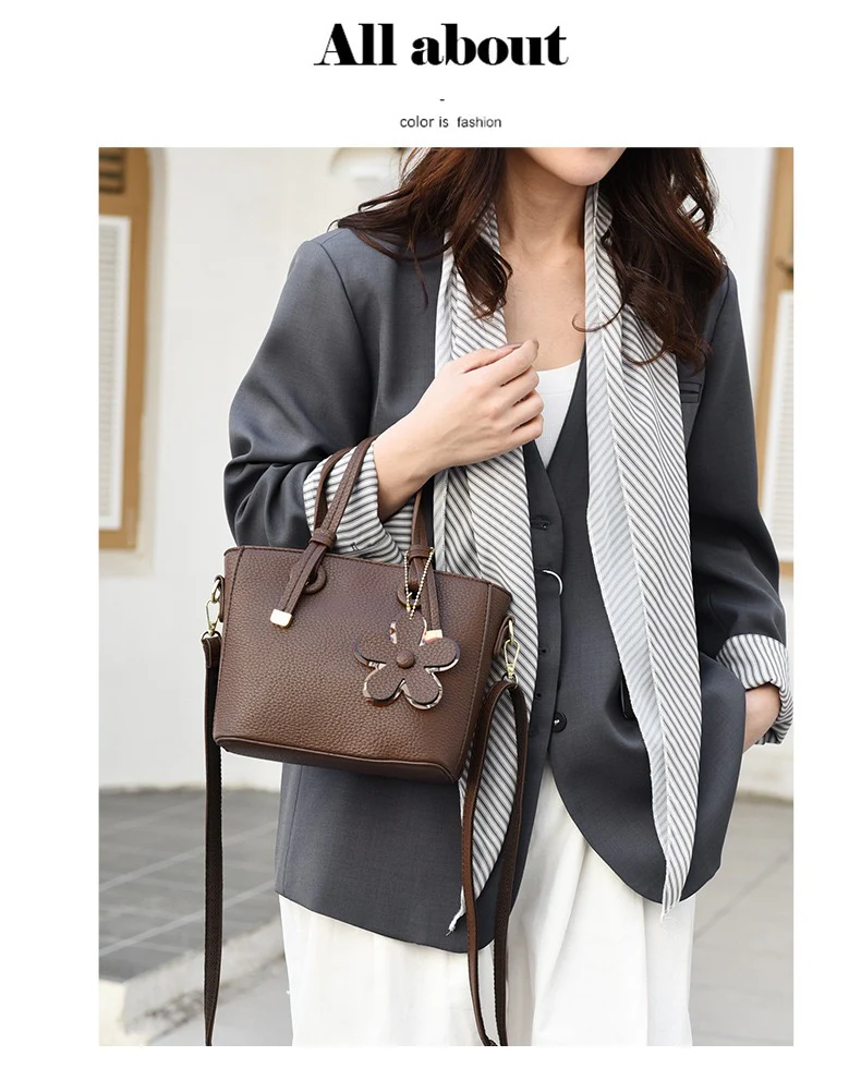 Brown Leather  Handbag with Flower Charm – Stylish Women’s Shoulder & Crossbody Bag 8429 - Image 2