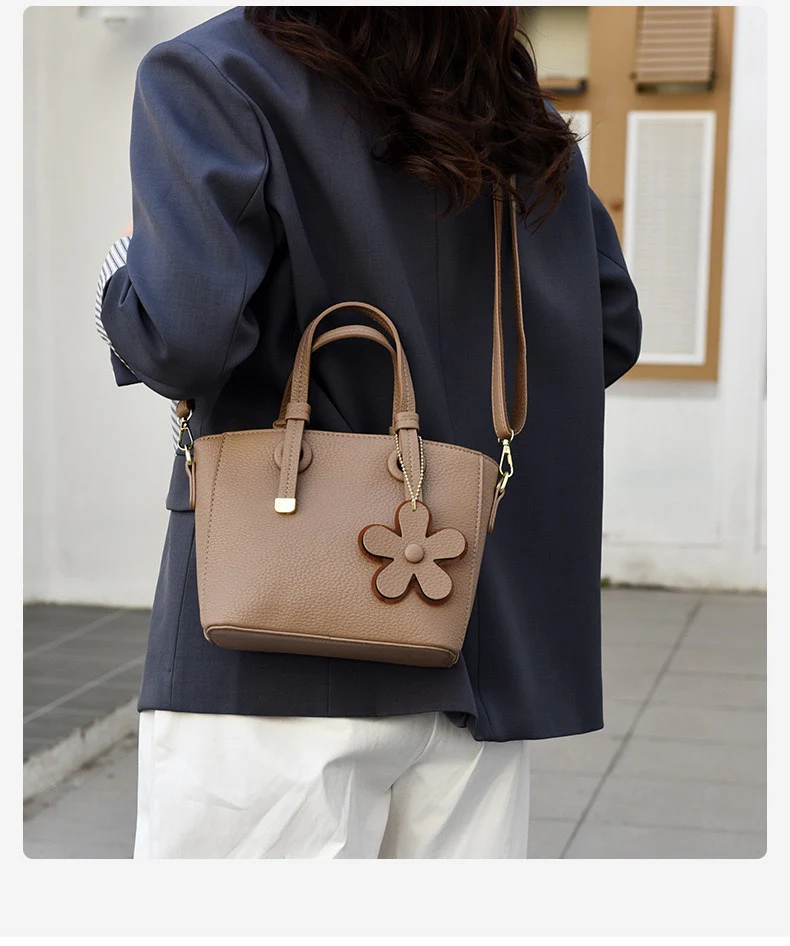 Brown Leather  Handbag with Flower Charm – Stylish Women’s Shoulder & Crossbody Bag 8429 - Image 2