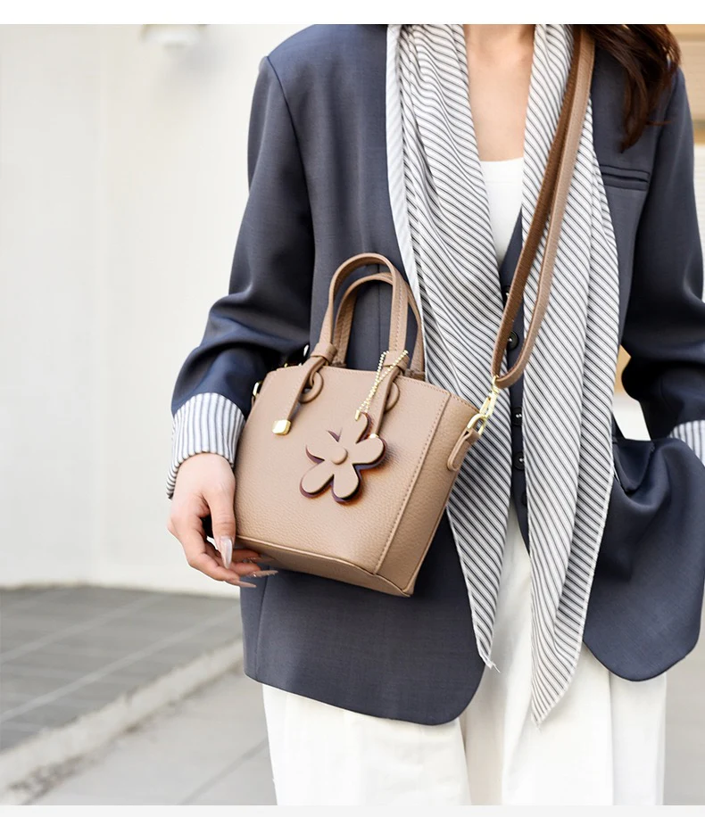 Brown Leather  Handbag with Flower Charm – Stylish Women’s Shoulder & Crossbody Bag 8429 - Image 3