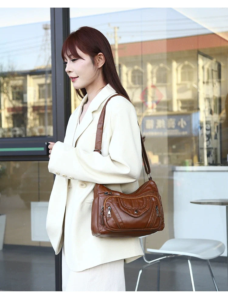 Fashionable Shoulder Bag, Retro Style Soft Leather Mother's Bag, Casual Shopping, Lightweight Crossbody Bag 8023 - Image 10