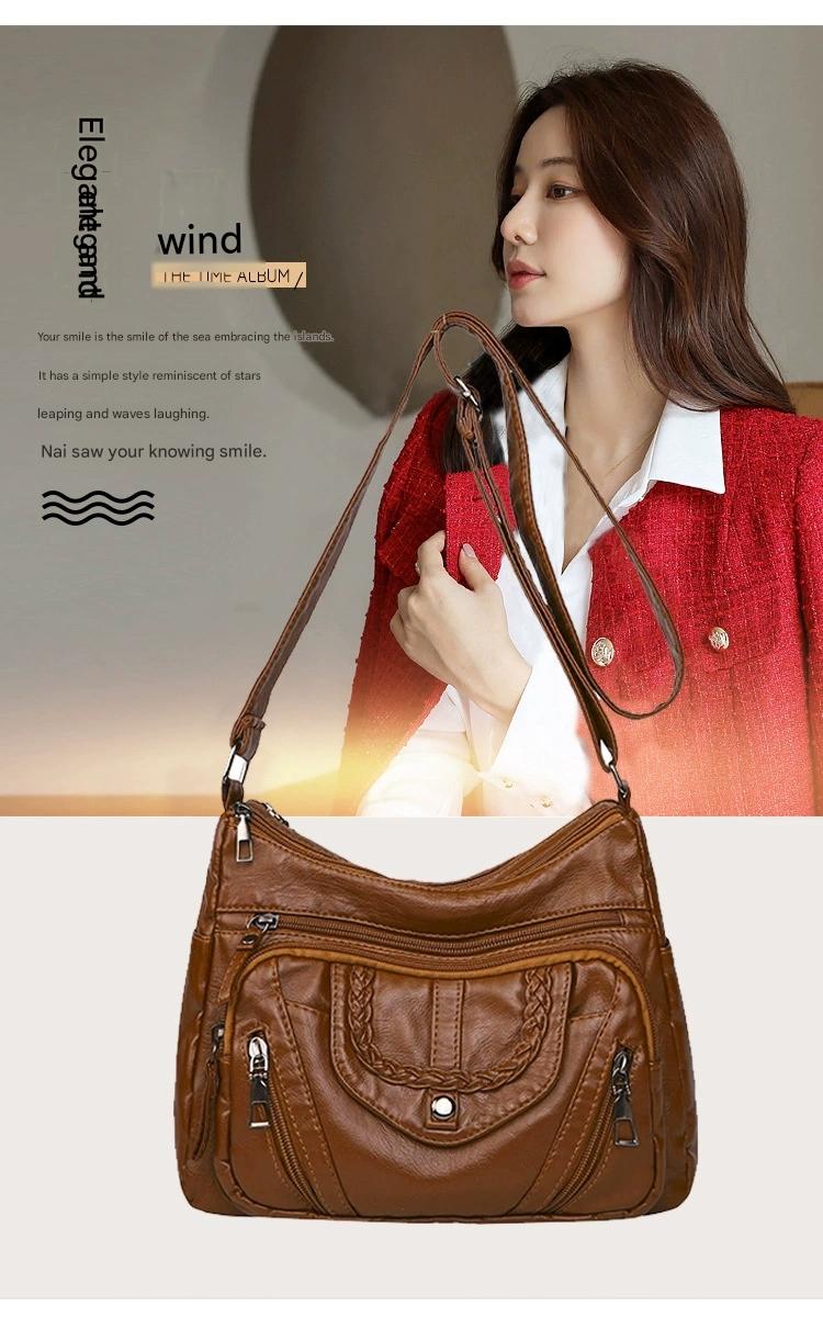 Fashionable Shoulder Bag, Retro Style Soft Leather Mother's Bag, Casual Shopping, Lightweight Crossbody Bag 8023 - Image 3