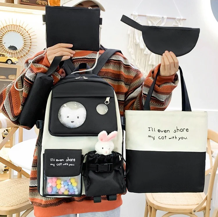 Canvas multiple pocket student college 5pcs Set side bags girls backpack 1225 - Image 2