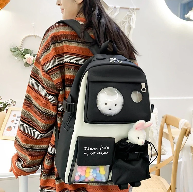 Canvas multiple pocket student college 5pcs Set side bags girls backpack 1225 - Image 3