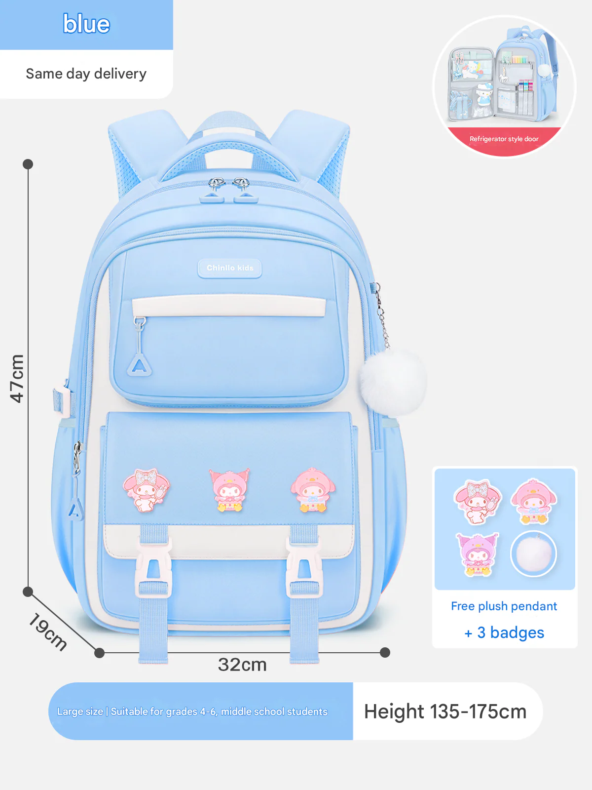 Kids School Backpack with Cartoon Pins & Multiple Compartments HD0020