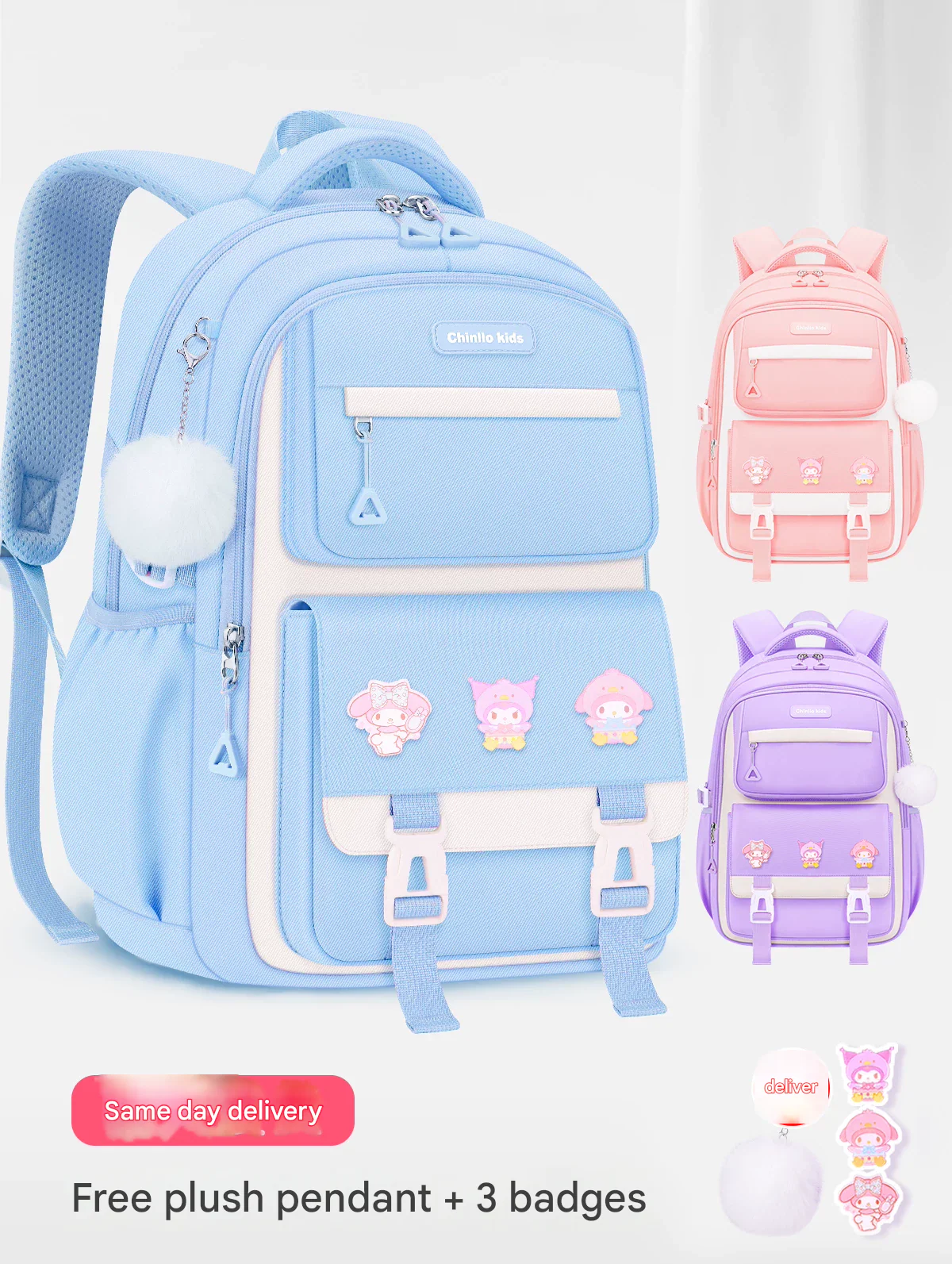 Kids School Backpack with Cartoon Pins & Multiple Compartments HD0020 - Image 2