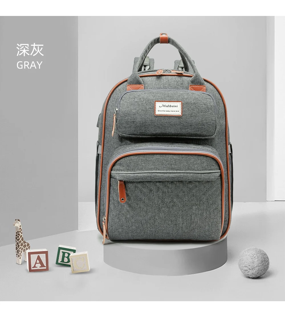 Grey Baby Nappy Diaper Backpack, Foldable Stroller Bag  USB Changing Bags Mosquito Net 4122 - Image 8