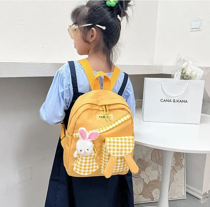 Girls Gingham Rabbit & Letter Patch Decor Functional Backpack 2919 - Image 2