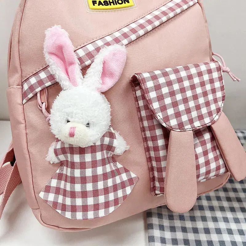 Girls Gingham Rabbit & Letter Patch Decor Functional Backpack 2919 - Image 8