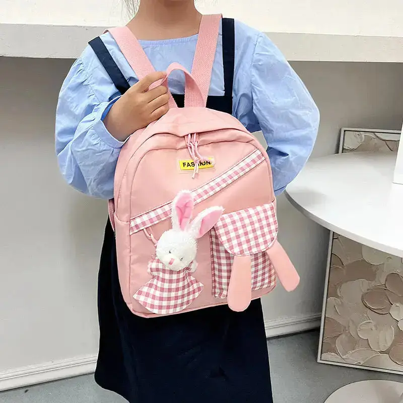 Girls Gingham Rabbit & Letter Patch Decor Functional Backpack 2919 - Image 11