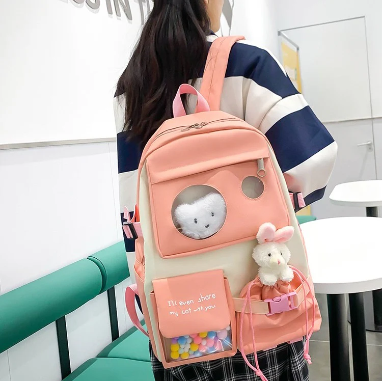 Canvas multiple pocket student college 5pcs Set side bags girls backpack 1225 - Image 3