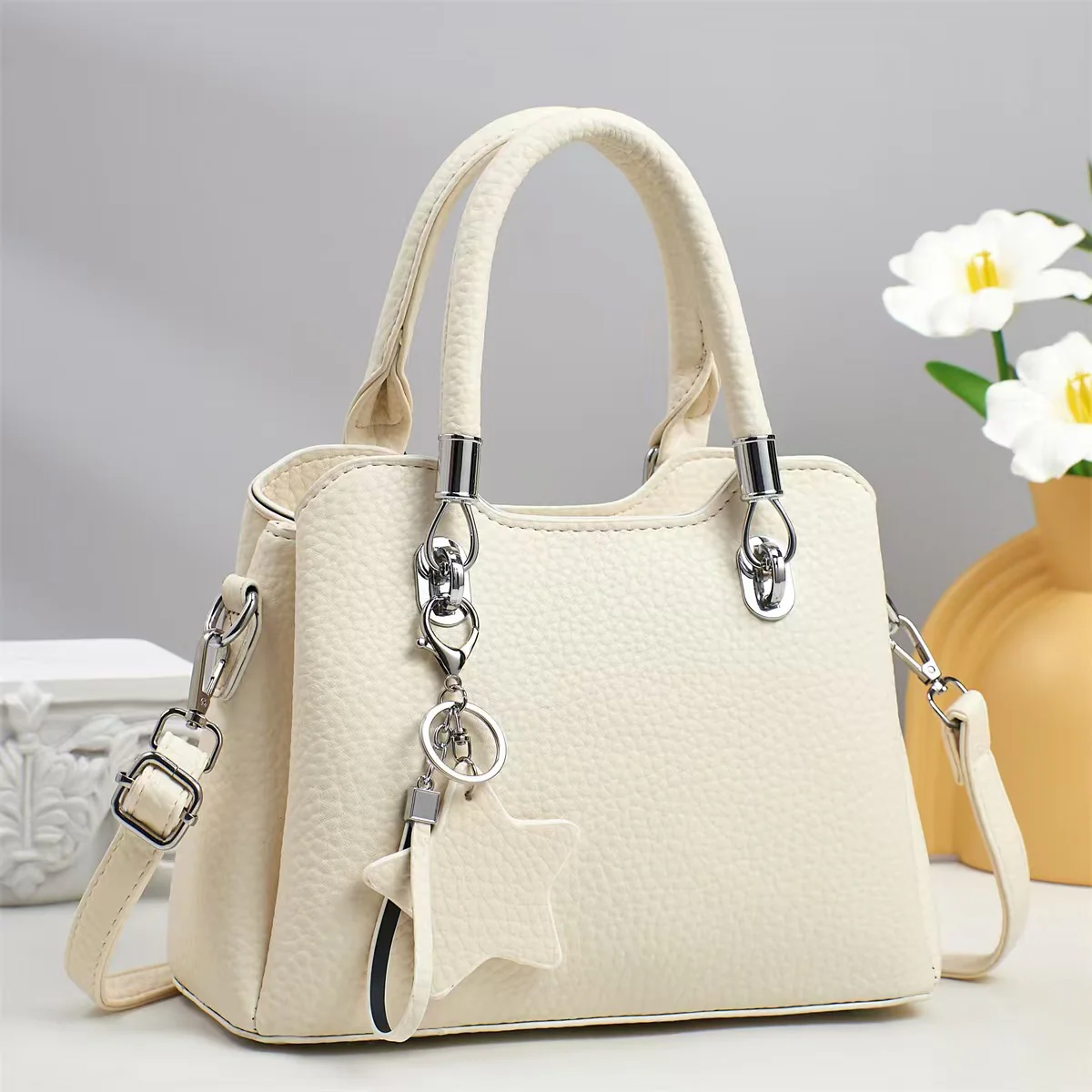 Versatile  Leather Shoulder Bag with Keychain Decor 9903-3
