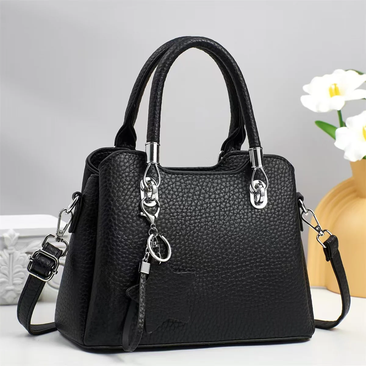 Versatile  Leather Shoulder Bag with Keychain Decor 9903-3