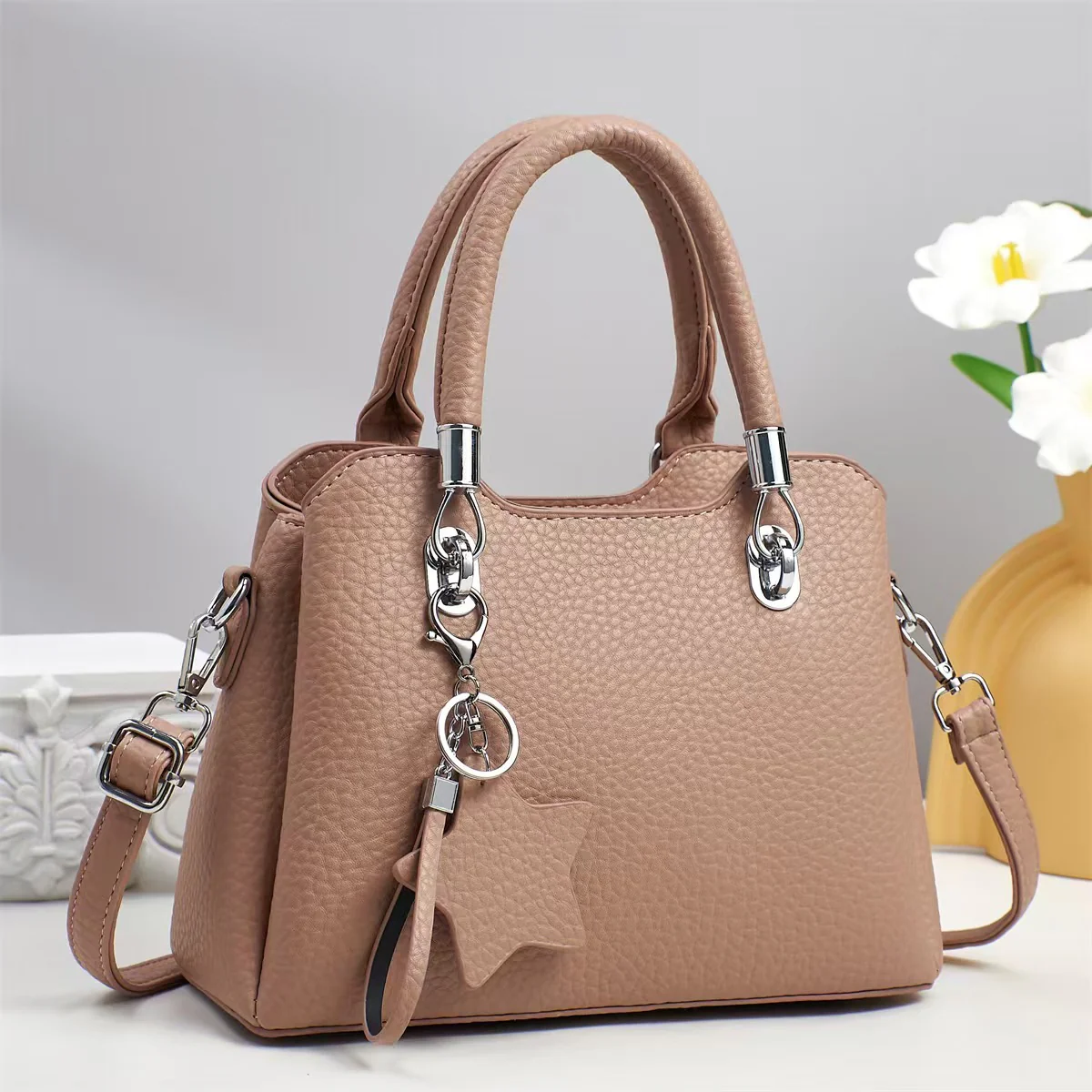 Versatile  Leather Shoulder Bag with Keychain Decor 9903-3