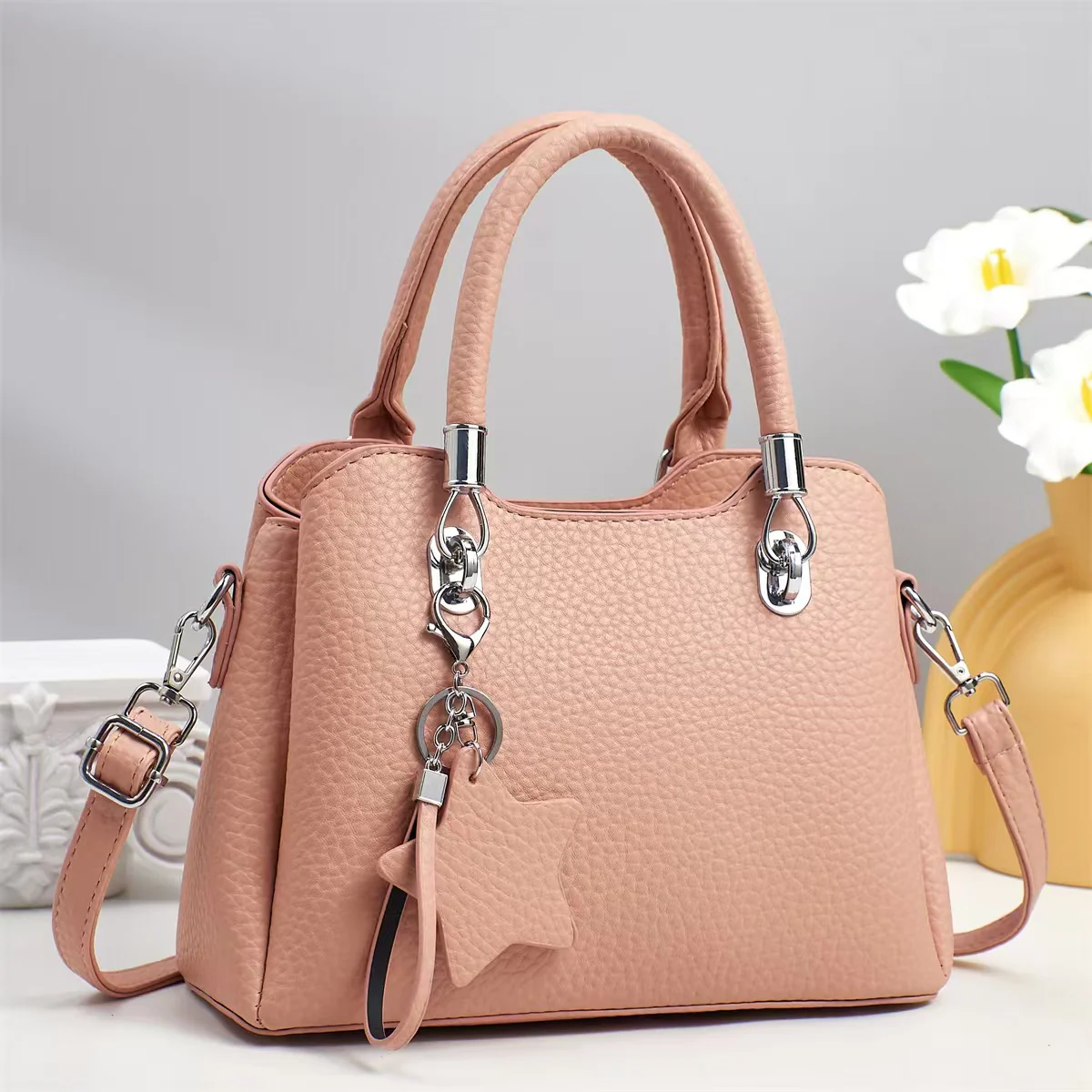 Versatile  Leather Shoulder Bag with Keychain Decor 9903-3