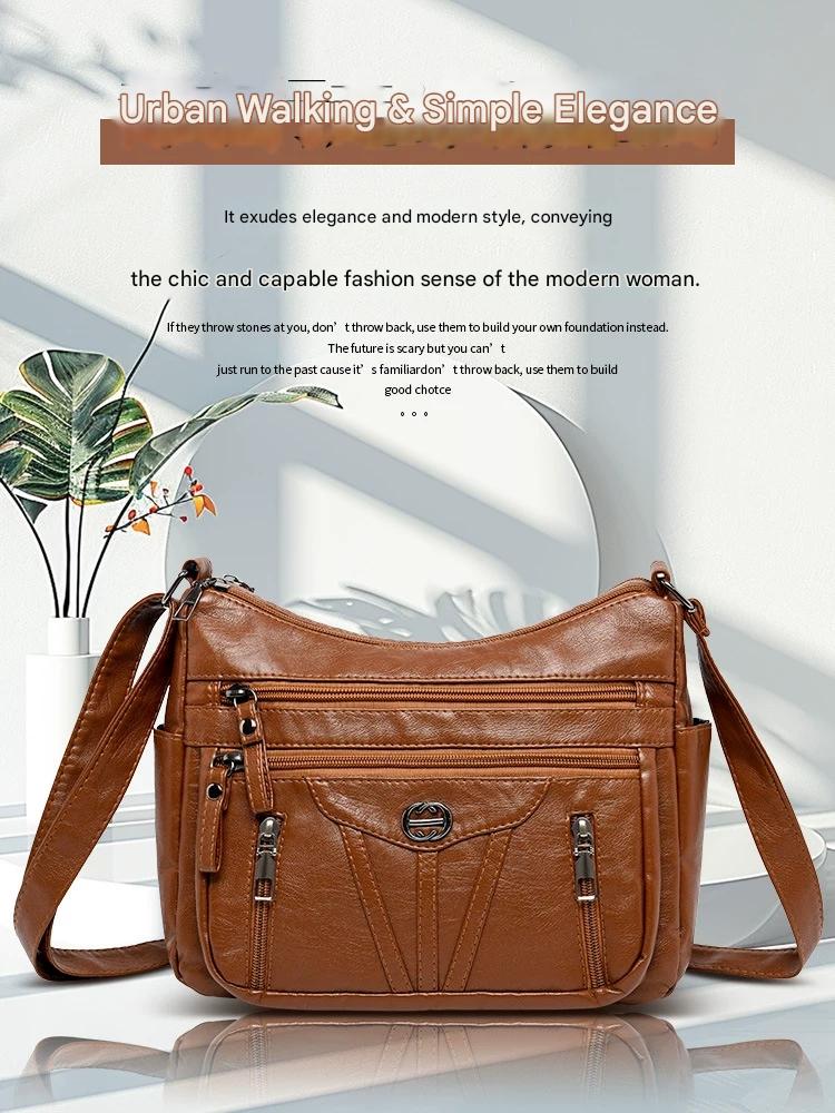 Women's soft leather backpack large capacity fashionable simple multi-layer shoulder crossbody bag 182-5 - Image 2
