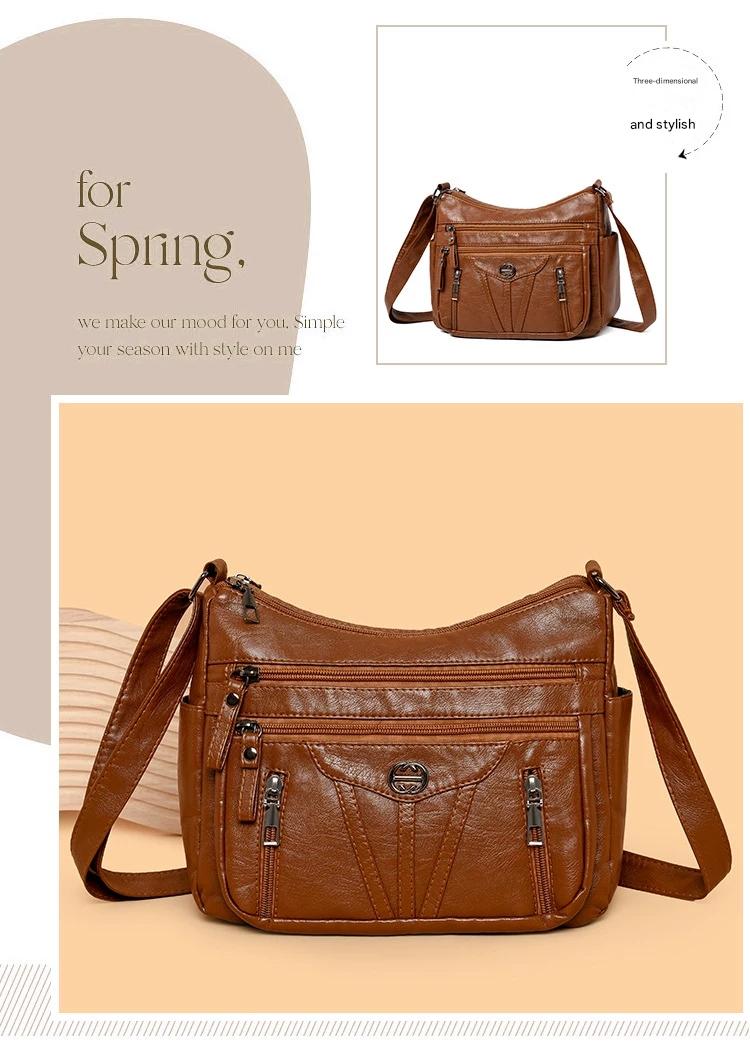 Women's soft leather backpack large capacity fashionable simple multi-layer shoulder crossbody bag 182-5 - Image 4