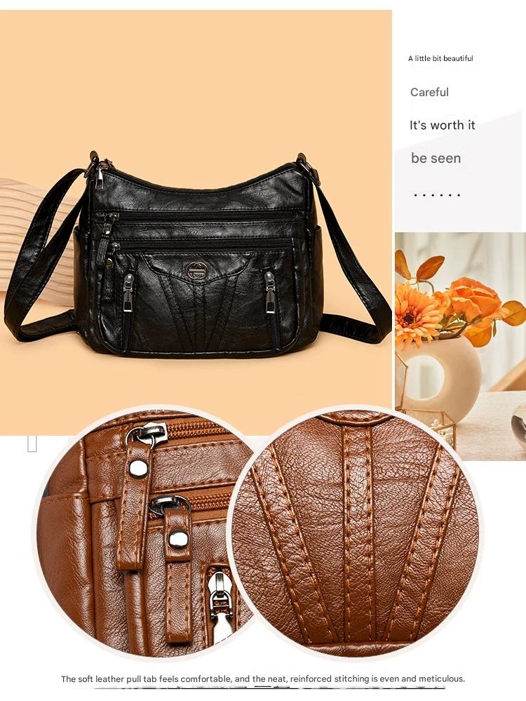 Women's soft leather backpack large capacity fashionable simple multi-layer shoulder crossbody bag 182-5 - Image 6