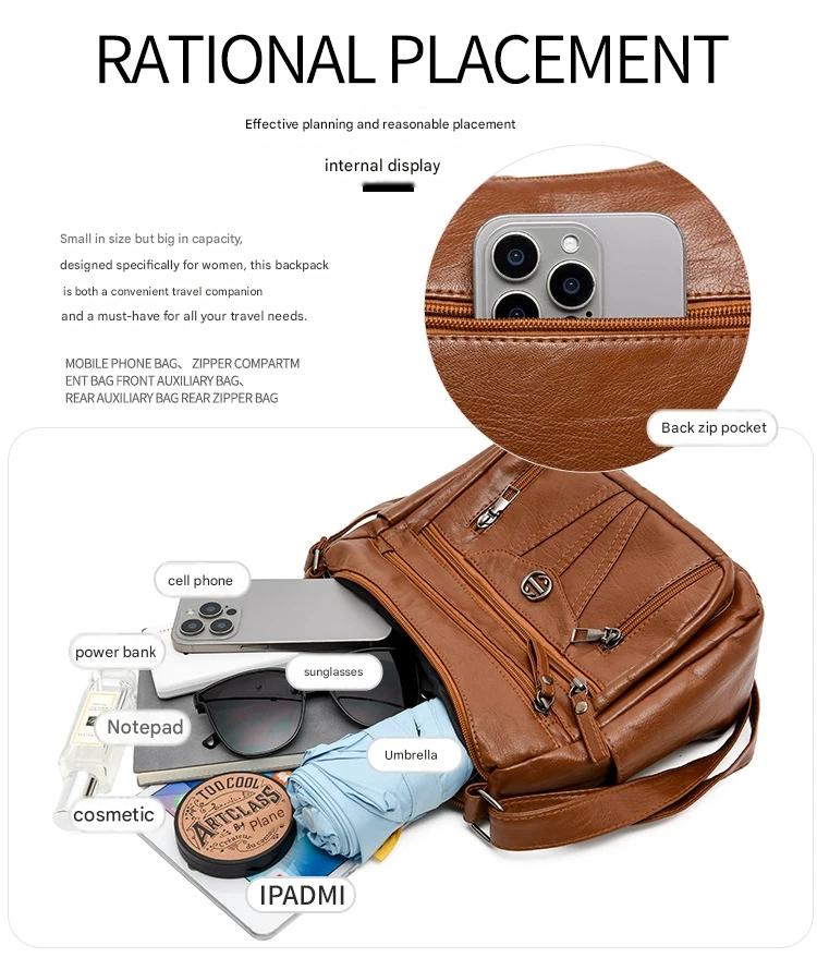 Women's soft leather backpack large capacity fashionable simple multi-layer shoulder crossbody bag 182-5 - Image 8