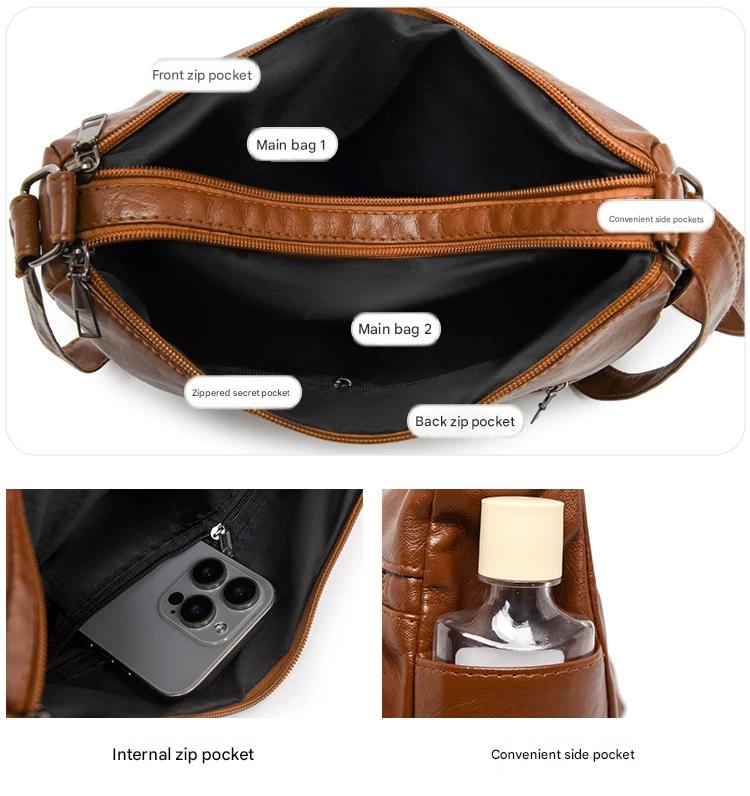 Women's soft leather backpack large capacity fashionable simple multi-layer shoulder crossbody bag 182-5 - Image 9